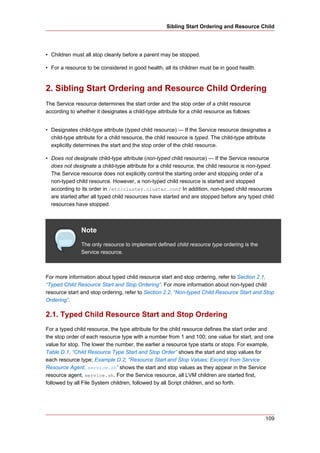 Sibling Start Ordering and Resource Child




• Children must all stop cleanly before a parent may be stopped.

• For a resource to be considered in good health, all its children must be in good health.



2. Sibling Start Ordering and Resource Child Ordering
The Service resource determines the start order and the stop order of a child resource
according to whether it designates a child-type attribute for a child resource as follows:


• Designates child-type attribute (typed child resource) — If the Service resource designates a
  child-type attribute for a child resource, the child resource is typed. The child-type attribute
  explicitly determines the start and the stop order of the child resource.

• Does not designate child-type attribute (non-typed child resource) — If the Service resource
  does not designate a child-type attribute for a child resource, the child resource is non-typed.
  The Service resource does not explicitly control the starting order and stopping order of a
  non-typed child resource. However, a non-typed child resource is started and stopped
  according to its order in /etc/cluster.cluster.conf In addition, non-typed child resources
  are started after all typed child resources have started and are stopped before any typed child
  resources have stopped.



               Note
               The only resource to implement defined child resource type ordering is the
               Service resource.



For more information about typed child resource start and stop ordering, refer to Section 2.1,
“Typed Child Resource Start and Stop Ordering”. For more information about non-typed child
resource start and stop ordering, refer to Section 2.2, “Non-typed Child Resource Start and Stop
Ordering”.

2.1. Typed Child Resource Start and Stop Ordering
For a typed child resource, the type attribute for the child resource defines the start order and
the stop order of each resource type with a number from 1 and 100; one value for start, and one
value for stop. The lower the number, the earlier a resource type starts or stops. For example,
Table D.1, “Child Resource Type Start and Stop Order” shows the start and stop values for
each resource type; Example D.2, “Resource Start and Stop Values: Excerpt from Service
Resource Agent, service.sh” shows the start and stop values as they appear in the Service
resource agent, service.sh. For the Service resource, all LVM children are started first,
followed by all File System children, followed by all Script children, and so forth.




                                                                                               109
 