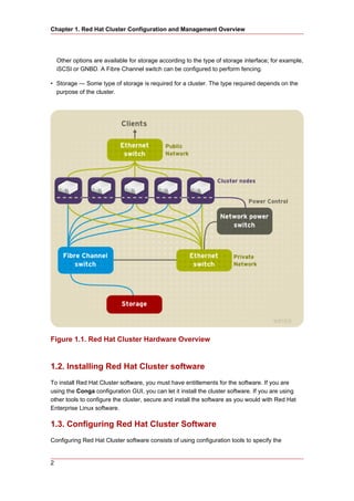 Chapter 1. Red Hat Cluster Configuration and Management Overview




    Other options are available for storage according to the type of storage interface; for example,
    iSCSI or GNBD. A Fibre Channel switch can be configured to perform fencing.

• Storage — Some type of storage is required for a cluster. The type required depends on the
  purpose of the cluster.




Figure 1.1. Red Hat Cluster Hardware Overview


1.2. Installing Red Hat Cluster software
To install Red Hat Cluster software, you must have entitlements for the software. If you are
using the Conga configuration GUI, you can let it install the cluster software. If you are using
other tools to configure the cluster, secure and install the software as you would with Red Hat
Enterprise Linux software.

1.3. Configuring Red Hat Cluster Software
Configuring Red Hat Cluster software consists of using configuration tools to specify the


2
 