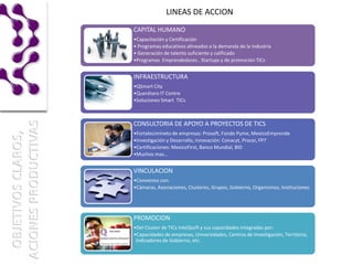 LINEAS DE ACCION
CAPITAL HUMANO
•Capacitación y Certificación
• Programas educativos alineados a la demanda de la industria
• Generación de talento suficiente y calificado
•Programas Emprendedores , Startups y de promoción TICs


INFRAESTRUCTURA
•QSmart City
•Querétaro IT Centre
•Soluciones Smart TICs



CONSULTORIA DE APOYO A PROYECTOS DE TICS
•Fortalecimineto de empresas: Prosoft, Fondo Pyme, MexicoEmprende
•Investigación y Desarrollo, innovación: Conacyt, Procei, FP7
•Certificaciones: MexicoFirst, Banco Mundial, BID
•Muchos mas…


VINCULACION
•Convenios con:
•Cámaras, Asociaciones, Clusteres, Grupos, Gobierno, Organismos, Instituciones




PROMOCION
•Del Cluster de TICs InteQsoft y sus capacidades integradas por:
•Capacidades de empresas, Universidades, Centros de Investigación, Territorio,
 Indicadores de Gobierno, etc.
 