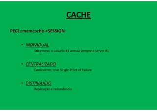 CACHE
PECL::memcache->SESSION

    • INDIVIDUAL
          Stickyness: o usuário #1 acessa sempre o server #1


    • CENTRALIZADO
          Consistente, mas Single Point of Failure


    • DISTRIBUÍDO
          Replicação e redundância
 