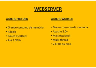 WEBSERVER
APACHE PREFORK                APACHE WORKER

• Grande consumo de memória   • Menor consumo de memória
• Rápido                      • Apache 2.0+
• Pouco escalável             • Mais escalável
• Até 2 CPUs                  • Multi-thread
                              • 2 CPUs ou mais
 