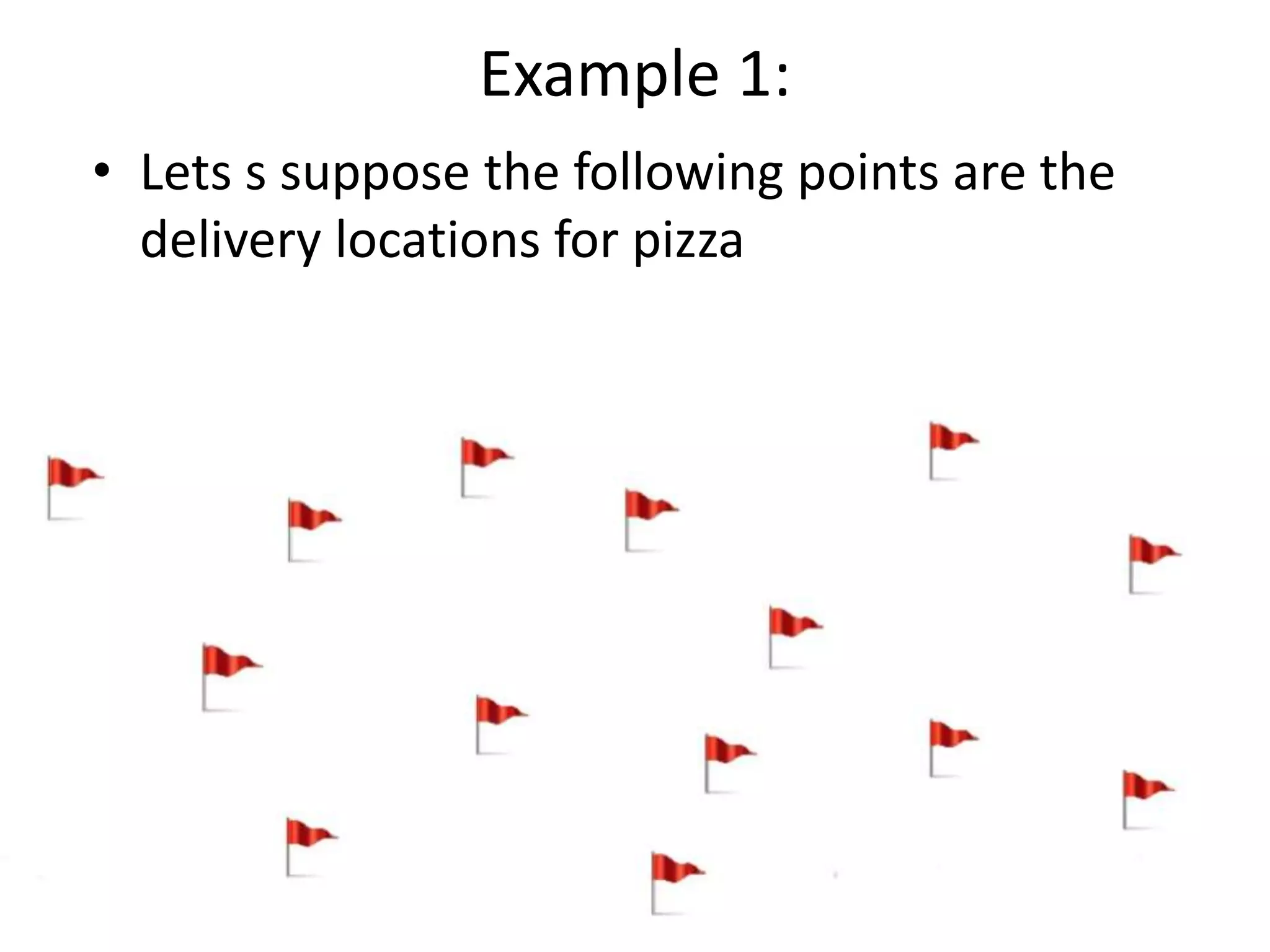 Example 1:
• Lets s suppose the following points are the
delivery locations for pizza
 