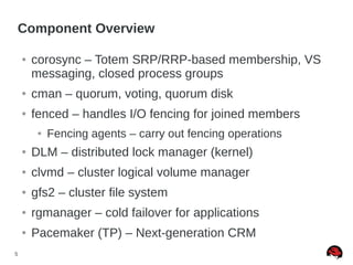 5
Component Overview
● corosync – Totem SRP/RRP-based membership, VS
messaging, closed process groups
● cman – quorum, voting, quorum disk
● fenced – handles I/O fencing for joined members
● Fencing agents – carry out fencing operations
● DLM – distributed lock manager (kernel)
● clvmd – cluster logical volume manager
● gfs2 – cluster file system
● rgmanager – cold failover for applications
● Pacemaker (TP) – Next-generation CRM
 
