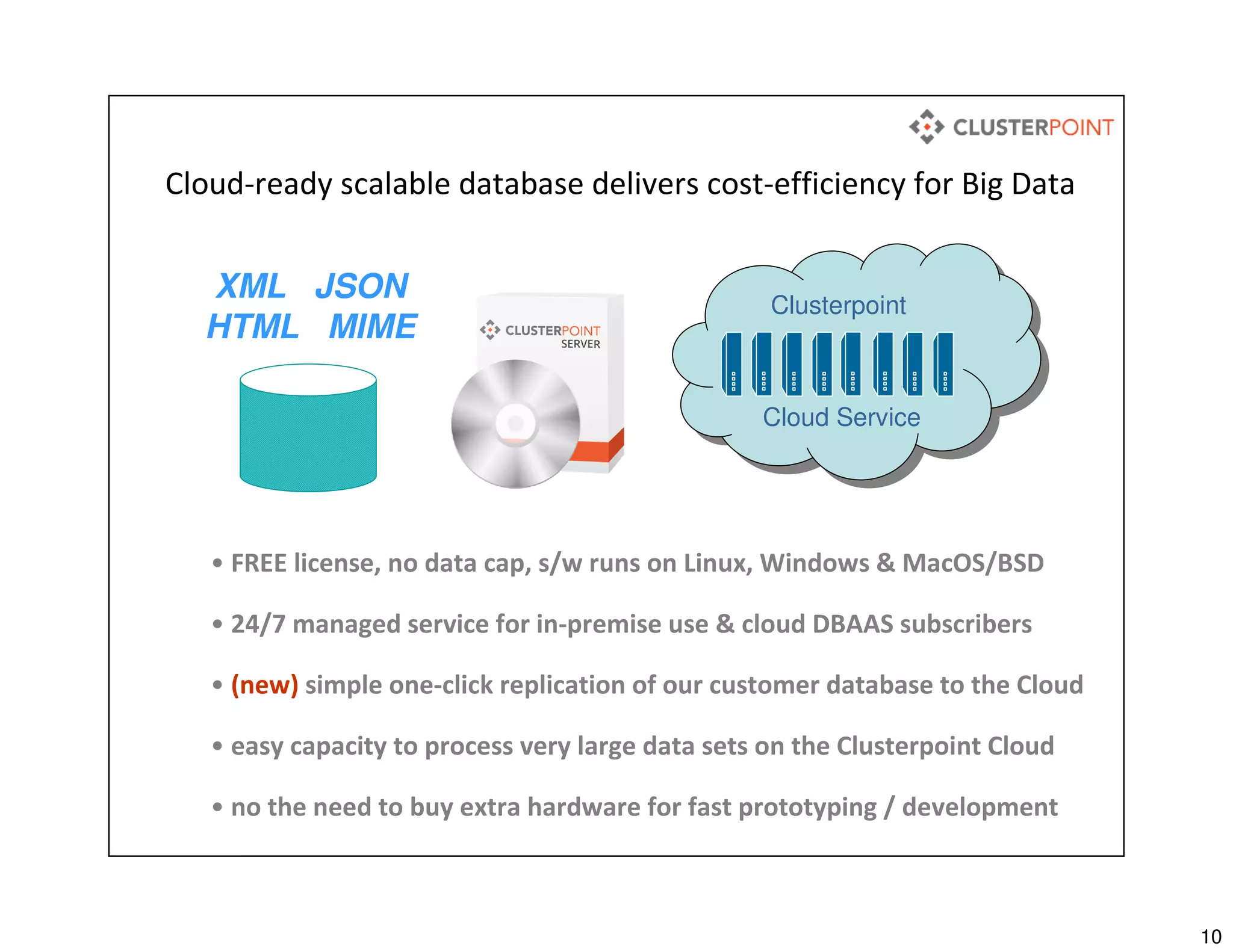 10
Cloud-ready scalable database delivers cost-efficiency for Big Data
• FREE license, no data cap, s/w runs on Linux, Windows & MacOS/BSD
• 24/7 managed service for in-premise use & cloud DBAAS subscribers
• (new) simple one-click replication of our customer database to the Cloud
• easy capacity to process very large data sets on the Clusterpoint Cloud
• no the need to buy extra hardware for fast prototyping / development
XML JSON
HTML MIME
Clusterpoint
Cloud Service
 