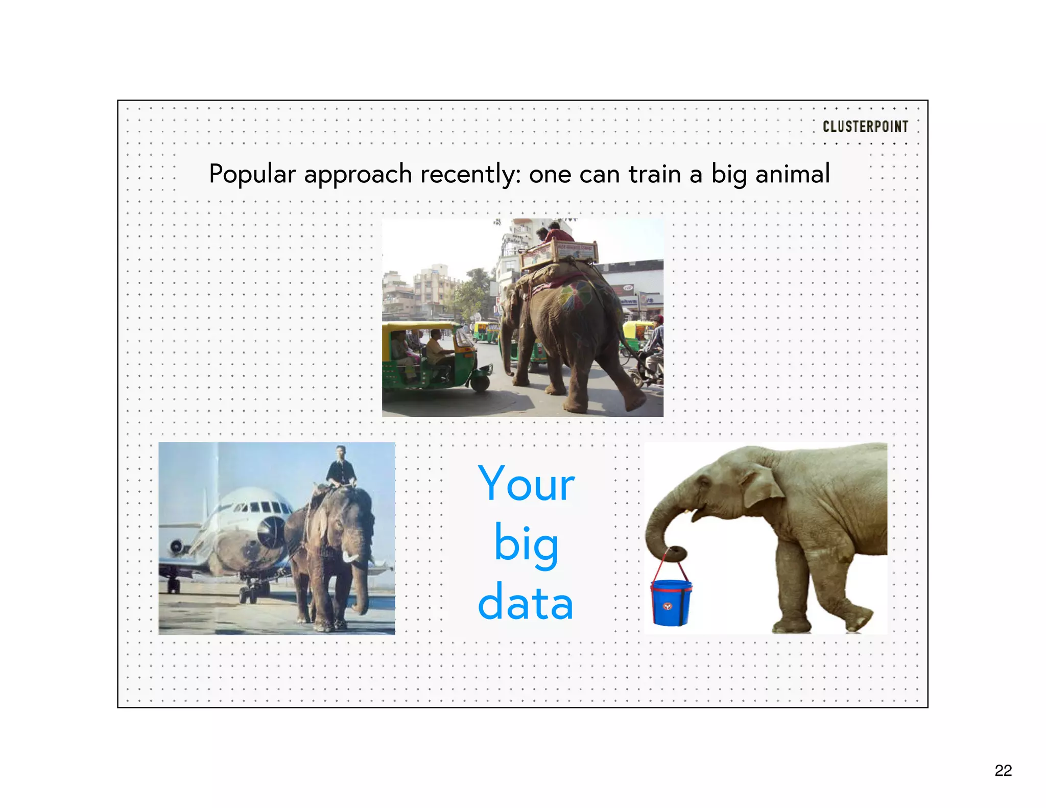 22
Popular approach recently: one can train a big animal
Your
big
data
 