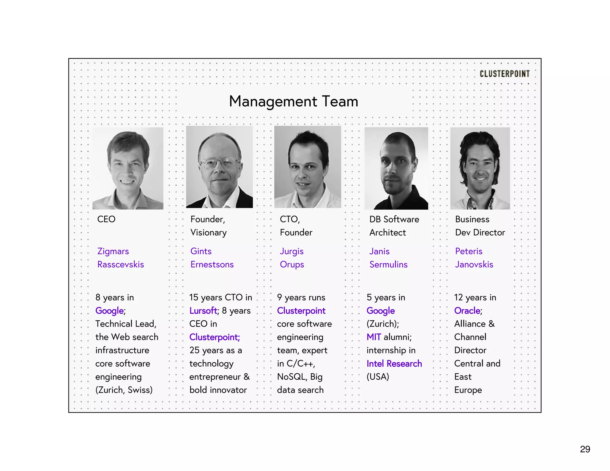 29
Founder,
Visionary
Gints
Ernestsons
CTO,
Founder
Jurgis
Orups
DB Software
Architect
Janis
Sermulins
CEO
Zigmars
Rasscevskis
Business
Dev Director
Peteris
Janovskis
Management Team
15 years CTO in
LursoftLursoftLursoftLursoft; 8 years
CEO in
Clusterpoint;Clusterpoint;Clusterpoint;Clusterpoint;
25 years as a
technology
entrepreneur &
bold innovator
8 years in
GoogleGoogleGoogleGoogle;
Technical Lead,
the Web search
infrastructure
core software
engineering
(Zurich, Swiss)
9 years runs
ClusterpointClusterpointClusterpointClusterpoint
core software
engineering
team, expert
in C/C++,
NoSQL, Big
data search
5 years in
GoogleGoogleGoogleGoogle
(Zurich);
MITMITMITMIT alumni;
internship in
IntelIntelIntelIntel RRRResearchesearchesearchesearch
(USA)
12 years in
OracleOracleOracleOracle;
Alliance &
Channel
Director
Central and
East
Europe
 