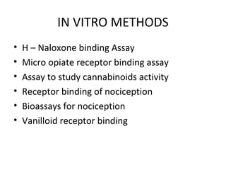 IN VITRO METHODS
• H – Naloxone binding Assay
• Micro opiate receptor binding assay
• Assay to study cannabinoids activity
• Receptor binding of nociception
• Bioassays for nociception
• Vanilloid receptor binding
 