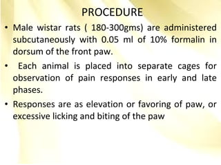• Male wistar rats ( 180-300gms) are administered
subcutaneously with 0.05 ml of 10% formalin in
dorsum of the front paw.
• Each animal is placed into separate cages for
observation of pain responses in early and late
phases.
• Responses are as elevation or favoring of paw, or
excessive licking and biting of the paw
PROCEDURE
 