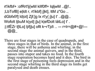 rt'ikfbf+ :ofRrt'lj{wM klIf0ff+ lqljwM ..@!..
;LbTofB] e|ldt r, rt'ikbf] j]kt], ttM z"Go ..
dGbfxf/f] ld|ot] Zjf;]g lx rt'y{ j]u] t' ..@@..
Wofolt ljbuM k|yd] j]u] k|efDolt låtLo] t' .
;|:tfËZr t[tLo] ljifj]u] oflt k~rTjd .. –- r=lr=@#÷@!—
@@_
There are four stages in the case of quadrupeds, and
three stages in that of birds. In the animal, in the first
stage, there will be asthenia and whirling; in the
second stage the animal quivers, and in the third,
passes into stupor and takes no food. In the fourth
stage respiration becomes hard and it dies. The bird in
the first stage of poisoning feels depression and in the
second stage whirling in the third stage its limbs get
paralysed and death ensues.
 