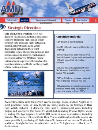 Introducti   Analys        Recommendations &           Outco         Appendice             15
      on         is             Conclusions               me               s




One plan, one direction. AMR has
decided to allocate additional resources       A positive outlook:
to more profitable flight areas. Their
                                               •$2.9 Billion in new financing.
strategy is to increase flight activity in
their most profitable hubs, while              •Sold $1 billion in frequent flier miles to
decreasing activity in their least             Citigroup.
profitable ones. The company’s plan also
includes placing a larger emphasis on          •Borrowed approx. $300 million from
international travel. AMR has raised           General Electric Capital Aviation Services
                                               (GECAS), using their aircrafts as
external cash to prepare themselves for
                                               collateral.
investments in new fleets for the growth
of international travel.                       •Initiated financing agreement with
                                               GECAS worth $1.6 billion to buy new
                                               Boeing 737 aircrafts

                                               •737’s will help to conserve cash and
                                               replace the less-efficient MD-80s

                                               •GECAS granted a exclusive agreement to
                                               purchase AMRs NextGen engines to
                                               power the newly ordered 787’s.




AA identifies New York, Dallas/Fort Worth, Chicago, Miami, and Los Angles as its
most profitable hubs. 57 new flights are being added to the Chicago O’ Hare
Hub, which includes 12 domestic cities and 3 international ones, including
Beijing and Vancouver. The Dallas-Ft. Worth hub is adding 19 new flights, Miami
is adding 23, Los Angeles 3, while JFK seeks 6 new destinations, including
Madrid, Manchester, UK, and Costa Rica. These additional profitable routes are
made possible by replacing 46 flights from St. Louis and service to 20 cities. In
addition, Raleigh-Durham is scheduled to lose 9 flights and cutback on 3
destinations.
 