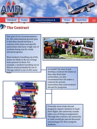 Introducti      Analys          Recommendations &           Outco            Appendice   30
    on            is               Conclusions               me                  s




One part of our recommendation
for AA’s international growth plan
is that they should develop a
contract with states and specific
universities that have a high rate of
students being sent for study
abroad programs.

Most students travelling out of the
states are likely to fly out of large
hubs present in them. For
example, a student travelling out of
Illinois would probably fly out of
Chicago which is one of AA’s main         It wouldn’t be wise to just
hubs.                                     develop a contract for states as
                                          they only fund state
                                          universities, we also
                                          recommend that AA makes a
                                          contract for private
                                          universities that send students
                                          abroad for programs.




                                          Presently most study abroad
                                          programs require students to book
                                          their flights, the university usually
                                          takes care of living arrangements.
                                          Through this contract, the university
                                          or state would get special discounts
                                          and packages for their program
                                          students.
 