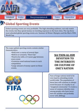 Introducti     Analys         Recommendations &              Outco        Appendice         39
    on           is              Conclusions                  me              s



Global sporting events are very profitable. The high attending audience, not only watch
the events, but they spend money on traveling expenses in the host cities. The top three
most attended global sporting events are: Summer & Winter Olympics and the Men’s FIFA
World Cup




The major global sporting events contain similar
characteristics:
       •Held over a course of several days
       •Held in or around a “Host-City”                      NA·TION·AL·ISM
       •Tend to be with a 2-4 years gap between
       every event                                            DEVOTION TO
       •Countries send national teams to each                THE INTERESTS
       competition
       •Large amount of money spent on these                 OR CULTURE OF
       events.                                                ONE'S NATION

                                                       Fans of large nations tend to be
                                                       very loyal in attending events
                                                       world-wide. The population of
                                                       these fans will continue to always
                                                       travel because of a loyalty to an
                                                       “imagined community.” It creates a
                                                       sense of common identity even
                                                       among people who have never
                                                       met one another and probably
                                                       never will. (Billing)
 