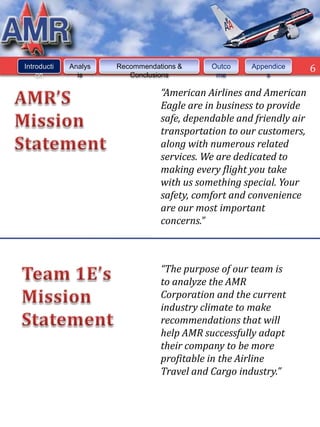 Introducti   Analys   Recommendations &     Outco    Appendice       6
    on         is        Conclusions         me          s

                                 “American Airlines and American
                                 Eagle are in business to provide
                                 safe, dependable and friendly air
                                 transportation to our customers,
                                 along with numerous related
                                 services. We are dedicated to
                                 making every flight you take
                                 with us something special. Your
                                 safety, comfort and convenience
                                 are our most important
                                 concerns.”



                                 “The purpose of our team is
                                 to analyze the AMR
                                 Corporation and the current
                                 industry climate to make
                                 recommendations that will
                                 help AMR successfully adapt
                                 their company to be more
                                 profitable in the Airline
                                 Travel and Cargo industry.”
 
