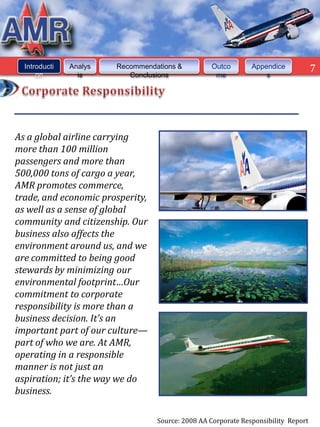 Introducti   Analys   Recommendations &         Outco        Appendice            7
      on         is        Conclusions             me              s




As a global airline carrying
more than 100 million
passengers and more than
500,000 tons of cargo a year,
AMR promotes commerce,
trade, and economic prosperity,
as well as a sense of global
community and citizenship. Our
business also affects the
environment around us, and we
are committed to being good
stewards by minimizing our
environmental footprint…Our
commitment to corporate
responsibility is more than a
business decision. It’s an
important part of our culture—
part of who we are. At AMR,
operating in a responsible
manner is not just an
aspiration; it’s the way we do
business.

                                  Source: 2008 AA Corporate Responsibility Report
 