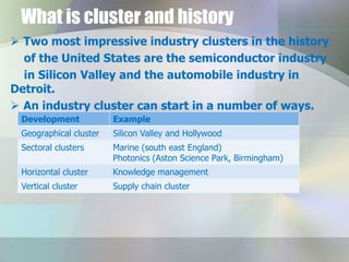 What is cluster and history
 Two most impressive industry clusters in the history
of the United States are the semiconductor industry
in Silicon Valley and the automobile industry in
Detroit.
 An industry cluster can start in a number of ways.
Development

Example

Geographical cluster

Silicon Valley and Hollywood

Sectoral clusters

Marine (south east England)
Photonics (Aston Science Park, Birmingham)

Horizontal cluster

Knowledge management

Vertical cluster

Supply chain cluster

 