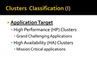 Application Target

 High Performance (HP) Clusters
▪ Grand Challenging Applications

 High Availability (HA) Clusters
▪ Mission Critical applications

 