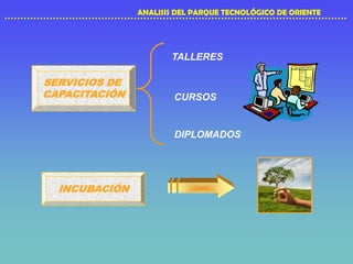 SERVICIOS DE
CAPACITACIÓN
TALLERES
CURSOS
DIPLOMADOS
INCUBACIÓN
ANALISIS DEL PARQUE TECNOLÓGICO DE ORIENTE
 