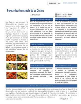 Tanto los sistemas dirigidos como los liderados por oportunidades convergen en esta última fase de desarrollo de la
clusterización. Esta fase puede ser establecida con alianzas público­privadas en donde el sector no es liderado por
actores públicos ni privados, sino que se caracteriza por un alto grado de interacción entre los dos y de colaboración en
la planificación e implementación. Es ágil, respondiendo rápidamente a los desafíos y oportunidades que surgen del
mercado y produce crecimiento económico en formas socialmente incluyentes y
ambientalmente sostenibles. Página | 7
WWW.VILUMAINNOVARE.ORG
Los factores que provocan la
clusterización son diversos, pero
básicamente se pueden agrupar en
dos: “impulsores de política” o
“impulsores de mercado”.
El proceso de clusterización es
dirigido por el contexto en el cual se
origina la aglomeración. Los actores
clave que comienzan el proceso
pueden ser públicos o privados, o
una alianza entre ambos. Pero
finalmente, se pueden identificar dos
trayectorias de desarrollo de los
clusters, una “trayectoria dirigida” y
una “trayectoria liderada por las
oportunidades”.
Fase de pre­planificación, en la cual
no se ha hecho ninguna intervención
de investigación o de otro tipo de
política, en la medida en que las
nuevas oportunidades aún no han
sido identificadas. Esto se refiere
que aun está en la mente de los
planificadores de política y que aún
no se han tomado acciones hacia la
intervención.
Fase de Pre-planificación
Fase de Fundación
Fase de Expansión
En la fase de fundación, los sectores
y productos han sido identificados y
el gobierno les apoya a través de
intervenciones de investigación y
política. Sin embargo, estos
esfuerzos con frecuencia tienen un
efecto limitado sobre el crecimiento
de la aglomeración de empresas.
En la fase de expansión, el gobierno
interviene con proyectos y
programas especiales para ligar a
los actores en el cluster y desarrollar
las primeras estructuras a nivel
meso.
La fase de nacimiento se asemeja a
la fase pre­planificación de los
sistemas dirigidos, pero en este caso
el sector privado es más proactivo.
Las compañías o los empresarios
individuales han identificado nuevas
oportunidades de mercado, pero aún
no ha surgido un sector que sea
reconocible y se pueda identificar
claramente.
Fase de Nacimiento
Fase de Surgimiento
Fase de Consolidación
En la fase de surgimiento, el sector
despega. Se observa un rápido
crecimiento, liderado por la actividad
del sector privado o de
organizaciones no gubernamentales
(ONG). El sector comienza a ser
reconocido por el gobierno.
En la fase de consolidación, el sector
se enfrenta a crecientes e
incrementales presiones evolutivas,
debido a la competencia,
particularmente de otros países, y
debido a los cambios en las
demandas de los consumidores y en
las reglas del comercio.
Sistema Dinámico de Innovación
Dirigidos Orientados por
Oportunidades
TrayectoriasdedesarrollodelosClusters
VILUMAINNOVARE MEXICO
 