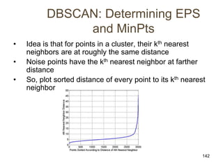 142
DBSCAN: Determining EPS
and MinPts
• Idea is that for points in a cluster, their kth nearest
neighbors are at roughly the same distance
• Noise points have the kth nearest neighbor at farther
distance
• So, plot sorted distance of every point to its kth nearest
neighbor
 