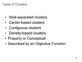 15
Types of Clusters
• Well-separated clusters
• Center-based clusters
• Contiguous clusters
• Density-based clusters
• Property or Conceptual
• Described by an Objective Function
 