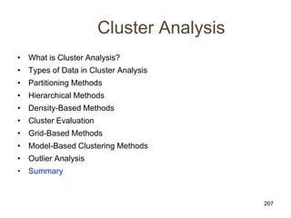 207
Cluster Analysis
• What is Cluster Analysis?
• Types of Data in Cluster Analysis
• Partitioning Methods
• Hierarchical Methods
• Density-Based Methods
• Cluster Evaluation
• Grid-Based Methods
• Model-Based Clustering Methods
• Outlier Analysis
• Summary
 
