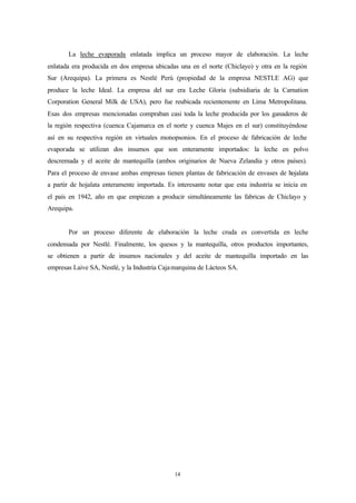 La leche evaporada enlatada implica un proceso mayor de elaboración. La leche
enlatada era producida en dos empresa ubicadas una en el norte (Chiclayo) y otra en la región
Sur (Arequipa). La primera es Nestlé Perú (propiedad de la empresa NESTLE AG) que
produce la leche Ideal. La empresa del sur era Leche Gloria (subsidiaria de la Carnation
Corporation General Milk de USA), pero fue reubicada recientemente en Lima Metropolitana.
Esas dos empresas mencionadas compraban casi toda la leche producida por los ganaderos de
la región respectiva (cuenca Cajamarca en el norte y cuenca Majes en el sur) constituyéndose
así en su respectiva región en virtuales monopsonios. En el proceso de fabricación de leche
evaporada se utilizan dos insumos que son enteramente importados: la leche en polvo
descremada y el aceite de mantequilla (ambos originarios de Nueva Zelandia y otros países).
Para el proceso de envase ambas empresas tienen plantas de fabricación de envases de hojalata
a partir de hojalata enteramente importada. Es interesante notar que esta industria se inicia en
el país en 1942, año en que empiezan a producir simultáneamente las fabricas de Chiclayo y
Arequipa.


       Por un proceso diferente de elaboración la leche cruda es convertida en leche
condensada por Nestlé. Finalmente, los quesos y la mantequilla, otros productos importantes,
se obtienen a partir de insumos nacionales y del aceite de mantequilla importado en las
empresas Laive SA, Nestlé, y la Industria Caja marquina de Lácteos SA.




                                               14
 