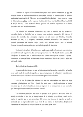 La harina de trigo es usada como materia prima básica para la elaboración de pan por
un gran número de pequeñas empresas de panificación. Además, la harina de trigo es también
usada para la elaboración de fideos por las empresas Nicolini, Luchetti y otras menores; y para
la elaboración de galletas por las empresas Galletera del Norte SA, Kraft Food Peru SA, Field
& Royal Perú SA. Estos productos (fideos, galletas) son también importados en su forma
procesada final para el consumo interno.


        La industria de alimentos balanceados para aves y ganado usa tres productos:
moyuelo, afrecho y afrechillo, que se obtienen como productos secundarios del trigo en el
proceso de molienda. Las principales empresas en este ramo son: Nicolini, Compañía
Molinera del Perú, y E. Cogorno. Finalmente, alimentos balanceados para animales son
también producidos por Molinos Mayo, Purina Perú, Molinos Ulyses SRL, y Molinos
Beograd SA, usando maíz amarillo duro nacional e importado de Argentina.


        La industria de pilado del café produce café crudo pilado seleccionado que se destina
casi totalmente a la exportación. Las empresas productoras son N.B. Tealdo Co SA y otras. El
café pilado es utilizado para la elaboración de café tostado molido por N.B.Tealdo Co y otras.
Finalmente, la empresa Nestlé produce café soluble instantáneo (Nescafé y Kirma) a partir del
café crudo pilado.


    §   Industria de aceites comestibles

        Lejanos están los tiempos en que la industria nacional de aceites comestibles se basaba
en el aceite crudo de semilla de algodón, el que por un proceso de refinación y mezclado con
aceite de pescado era convertido en aceite comestible para su consumo final.


        Hoy en día, la producción nacional se basa en importaciones de aceite de soya
comprado principalmente en USA y Brasil. En todo caso, y siendo optimistas, se puede
considerar que la actual situación de crisis del algodón en la costa peruana es una anomalía
que debe superarse en un futuro mas o menos cercano.


        La estructura productiva del sector se presenta en el gráfico 3. El aceite crudo de
semilla de algodón es hoy día un insumo menor de la industria y se obtiene a partir de la
pepita de algodón que es un subproducto del proceso de desmote de algodón, el cual es
controlado por la empresa La Fabril SA a través de una cadena de desmotadoras. El principal
componente de la industria es hoy día el aceite de soya como queda dicho.


                                               18
 