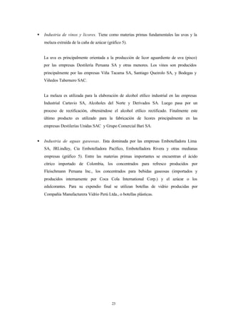 §   Industria de vinos y licores. Tiene como materias primas fundamentales las uvas y la
    melaza extraída de la caña de azúcar (gráfico 5).


    La uva es principalmente orientada a la producción de licor aguardiente de uva (pisco)
    por las empresas Destilería Peruana SA y otras menores. Los vinos son producidos
    principalmente por las empresas Viña Tacama SA, Santiago Queirolo SA, y Bodegas y
    Viñedos Tabernero SAC.


    La melaza es utilizada para la elaboración de alcohol etílico industrial en las empresas
    Industrial Cartavio SA, Alcoholes del Norte y Derivados SA. Luego pasa por un
    proceso de rectificación, obteniéndose el alcohol etílico rectificado. Finalmente este
    último producto es utilizado para la fabricación de licores principalmente en las
    empresas Destilerías Unidas SAC y Grupo Comercial Bari SA.


§   Industria de aguas gaseosas. Esta dominada por las empresas Embotelladora Lima
    SA, JRLindley, Cia Embotelladora Pacífico, Embotelladora Rivera y otras medianas
    empresas (gráfico 5). Entre las materias primas importantes se encuentran el ácido
    cítrico importado de Colombia, los concentrados para refresco producidos por
    Fleischmann Peruana Inc., los concentrados para bebidas gaseosas (importados y
    producidos internamente por Coca Cola International Corp.) y el azúcar o los
    edulcorantes. Para su expendio final se utilizan botellas de vidrio producidas por
    Compañía Manufacturera Vidrio Perú Ltda., o botellas plásticas.




                                            23
 
