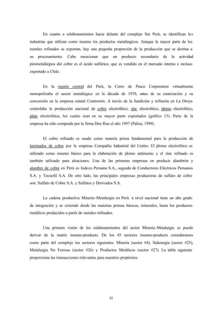 En cuanto a eslabonamientos hacia delante del complejo Sur Perú, se identifican la s
industrias que utilizan como insumo los productos metalúrgicos. Aunque la mayor parte de los
metales refinados se exportan, hay una pequeña proporción de la producción que se destina a
su   procesamiento.    Cabe    mencionar    que    un    producto    secundario   de   la   actividad
pirometalúrgica del cobre es el ácido sulfúrico, que es vendido en el mercado interno e incluso
exportado a Chile.


        En la región central del Perú, la Cerro de Pasco Corporation virtualmente
monopolizaba el sector metalúrgico en la década de 1970, antes de su estatización y su
conversión en la empresa estatal Centromín. A través de la fundición y refinería en La Oroya
controlaba la producción nacional de cobre electrolítico, zinc electrolítico, plomo electrolítico,
plata electrolítica, los cuales eran en su mayor parte exportados (gráfico 13). Parte de la
empresa ha sido comprada por la firma Doe Run el año 1997 (Paliza, 1999).


        El cobre refinado es usado como materia prima fundamental para la producción de
laminados de cobre por la empresa Compañía Industrial del Centro. El plomo electrolítico es
utilizado como insumo básico para la elaboración de plomo antimonio y el zinc refinado es
también utilizado para aleaciones. Una de las primeras empresas en producir alambrón y
alambre de cobre en Perú es Indeco Peruana S.A., seguida de Conductores Eléctricos Peruanos
S.A. y Tecnofil S.A. De otro lado, las principales empresas productoras de sulfato de cobre
son: Sulfato de Cobre S.A. y Sulfatos y Derivados S.A.


        La cadena productiva Minería -Metalurgia en Perú a nivel nacional tiene un alto grado
de integración y se extiende desde las materias primas básicas, minerales, hasta los productos
metálicos producidos a partir de metales refinados.


        Una primera visión de los eslabonamientos del sector Minería -Metalurgia se puede
derivar de la matriz insumo-producto. De los 45 sectores insumo-producto consideramos
como parte del complejo los sectores siguientes: Minería (sector #4), Siderurgia (sector #25),
Metalurgia No Ferrosa (sector #26) y Productos Metálicos (sector #27). La tabla siguiente
proporciona las transacciones relevantes para nuestros propósitos.




                                                  43
 
