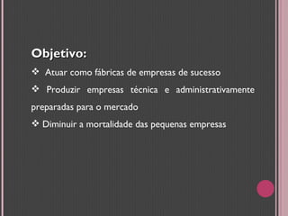 Objetivo:  Atuar como fábricas de empresas de sucesso Produzir empresas técnica e administrativamente preparadas para o mercado Diminuir a mortalidade das pequenas empresas 