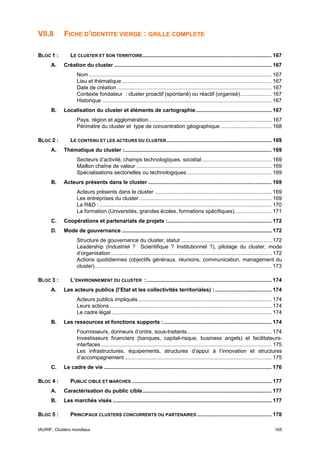 VII.8       FICHE D’IDENTITE VIERGE : GRILLE COMPLETE

BLOC 1 :       LE CLUSTER ET SON TERRITOIRE....................................................................................... 167
      A.    Création du cluster .......................................................................................................... 167
                   Nom ........................................................................................................................... 167
                   Lieu et thématique ..................................................................................................... 167
                   Date de création ........................................................................................................ 167
                   Contexte fondateur : cluster proactif (spontané) ou réactif (organisé)..................... 167
                   Historique .................................................................................................................. 167
      B.    Localisation du cluster et éléments de cartographie................................................... 167
                   Pays, région et agglomération................................................................................... 167
                   Périmètre du cluster et type de concentration géographique .................................. 168

BLOC 2 :       LE CONTENU ET LES ACTEURS DU CLUSTER....................................................................... 169
      A.    Thématique du cluster :................................................................................................... 169
                   Secteurs d’activité, champs technologiques, sociétal ............................................... 169
                   Maillon chaîne de valeur ........................................................................................... 169
                   Spécialisations sectorielles ou technologiques ......................................................... 169
      B.    Acteurs présents dans le cluster ................................................................................... 169
                   Acteurs présents dans le cluster ............................................................................... 169
                   Les entreprises du cluster ......................................................................................... 169
                   La R&D : .................................................................................................................... 170
                   La formation (Universités, grandes écoles, formations spécifiques)......................... 171
      C.    Coopérations et partenariats de projets :...................................................................... 172
      D.    Mode de gouvernance ..................................................................................................... 172
                   Structure de gouvernance du cluster, statut ............................................................. 172
                   Leadership (Industriel ? Scientifique ? Institutionnel ?), pilotage du cluster, mode
                   d’organisation ............................................................................................................ 172
                   Actions quotidiennes (objectifs généraux, réunions, communication, management du
                   cluster)....................................................................................................................... 173

BLOC 3 :       L’ENVIRONNEMENT DU CLUSTER : .................................................................................... 174
      A.    Les acteurs publics (l’Etat et les collectivités territoriales) : ...................................... 174
                   Acteurs publics impliqués.......................................................................................... 174
                   Leurs actions ............................................................................................................. 174
                   Le cadre légal ............................................................................................................ 174
      B.    Les ressources et fonctions supports :......................................................................... 174
                   Fournisseurs, donneurs d’ordre, sous-traitants......................................................... 174
                   Investisseurs financiers (banques, capital-risque, business angels) et facilitateurs-
                   interfaces ................................................................................................................... 175
                   Les infrastructures, équipements, structures d’appui à l’innovation et structures
                   d’accompagnement ................................................................................................... 175
      C.    Le cadre de vie ................................................................................................................. 176

BLOC 4 :       PUBLIC CIBLE ET MARCHES .............................................................................................. 177
      A.    Caractérisation du public cible....................................................................................... 177
      B.    Les marchés visés ........................................................................................................... 177

BLOC 5 :       PRINCIPAUX CLUSTERS CONCURRENTS OU PARTENAIRES .................................................. 178

IAURIF, Clusters mondiaux                                                                                                                        165
 