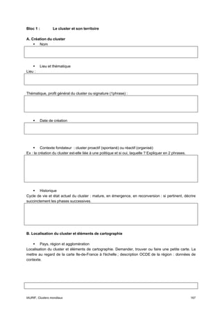 Bloc 1 :          Le cluster et son territoire

A. Création du cluster
       Nom




         Lieu et thématique
Lieu :




Thématique, profil général du cluster ou signature (1phrase) :




         Date de création




         Contexte fondateur : cluster proactif (spontané) ou réactif (organisé)
Ex : la création du cluster est-elle liée à une politique et si oui, laquelle ? Expliquer en 2 phrases.




        Historique
Cycle de vie et état actuel du cluster : mature, en émergence, en reconversion : si pertinent, décrire
succinctement les phases successives.




B. Localisation du cluster et éléments de cartographie

        Pays, région et agglomération
Localisation du cluster et éléments de cartographie. Demander, trouver ou faire une petite carte. La
mettre au regard de la carte Ile-de-France à l'échelle ; description OCDE de la région : données de
contexte.




IAURIF, Clusters mondiaux                                                                                 167
 