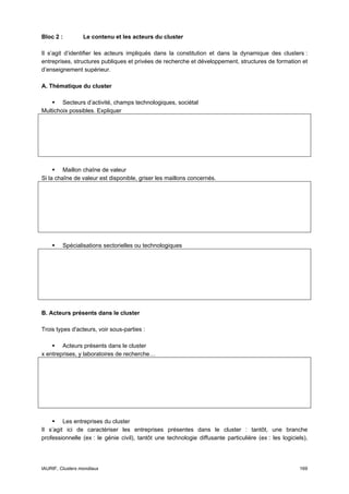 Bloc 2 :          Le contenu et les acteurs du cluster

Il s’agit d’identifier les acteurs impliqués dans la constitution et dans la dynamique des clusters :
entreprises, structures publiques et privées de recherche et développement, structures de formation et
d’enseignement supérieur.

A. Thématique du cluster

        Secteurs d’activité, champs technologiques, sociétal
Multichoix possibles. Expliquer




         Maillon chaîne de valeur
Si la chaîne de valeur est disponible, griser les maillons concernés.




         Spécialisations sectorielles ou technologiques




B. Acteurs présents dans le cluster

Trois types d'acteurs, voir sous-parties :

        Acteurs présents dans le cluster
x entreprises, y laboratoires de recherche…




         Les entreprises du cluster
Il s’agit ici de caractériser les entreprises présentes dans le cluster : tantôt, une branche
professionnelle (ex : le génie civil), tantôt une technologie diffusante particulière (ex : les logiciels),




IAURIF, Clusters mondiaux                                                                              169
 