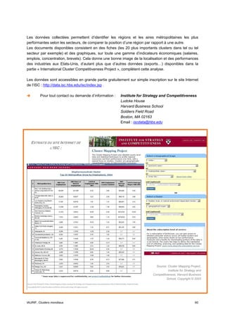 Les données collectées permettent d’identifier les régions et les aires métropolitaines les plus
performantes selon les secteurs, de comparer la position d’une région par rapport à une autre.
Les documents disponibles consistent en des fiches (les 20 plus importants clusters dans tel ou tel
secteur par exemple) et des graphiques, sur toute une gamme d’indicateurs économiques (salaires,
emplois, concentration, brevets). Cela donne une bonne image de la localisation et des performances
des industries aux Etats-Unis, d’autant plus que d’autres données (exports…) disponibles dans la
partie « International Cluster Competitiveness Project », complètent cette analyse.

Les données sont accessibles en grande partie gratuitement sur simple inscription sur le site Internet
de l’ISC : http://data.isc.hbs.edu/isc/index.jsp .

         Pour tout contact ou demande d’information :   Institute for Strategy and Competitiveness
                                                        Ludcke House
                                                        Harvard Business School
                                                        Soldiers Field Road
                                                        Boston, MA 02163
                                                        Email : iscdata@hbs.edu




  EXTRAITS DU SITE INTERNET DE
            L’ISC :




                                                                             Source: Cluster Mapping Project,
                                                                                     Institute for Strategy and
                                                                           Competitiveness, Harvard Business
                                                                                    School, Copyright © 2003




IAURIF, Clusters mondiaux                                                                                 60
 