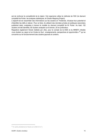 est de renforcer la compétitivité de la région. Cet organisme utilise la méthode de l’ISC (le diamant
compétitif de Porter, les analyses statistiques, le Cluster Mapping Project).
L’objectif est de rassembler des informations sur les clusters en Thaïlande, d’évaluer leur potentiel et
d’identifier les défis à relever. Pour ce faire, ils utilisent des données privées et publiques (secondary
published data), analysées à travers le modèle du diamant compétitif de M. Porter. Au total, 152
clusters ont été identifiés, 60 clusters analysés sur le terrain, 20 en profondeur.
Rappelons également l’étude réalisée par Jitex, pour le compte de la DGE et du MINEFI, intitulée
«Les clusters au Japon et en Corée du Sud : enseignements, perspectives et opportunités » 93 qui se
concentre sur le fonctionnement des clusters japonais et coréens.




93
     Cf. partie précédente de l’étude sur la DGE (IV.4.1)


IAURIF, Clusters mondiaux                                                                              79
 