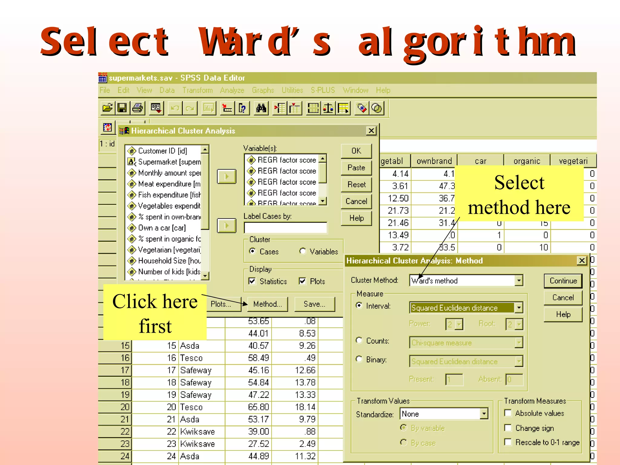 Select Ward’s algorithm Click here first Select method here 