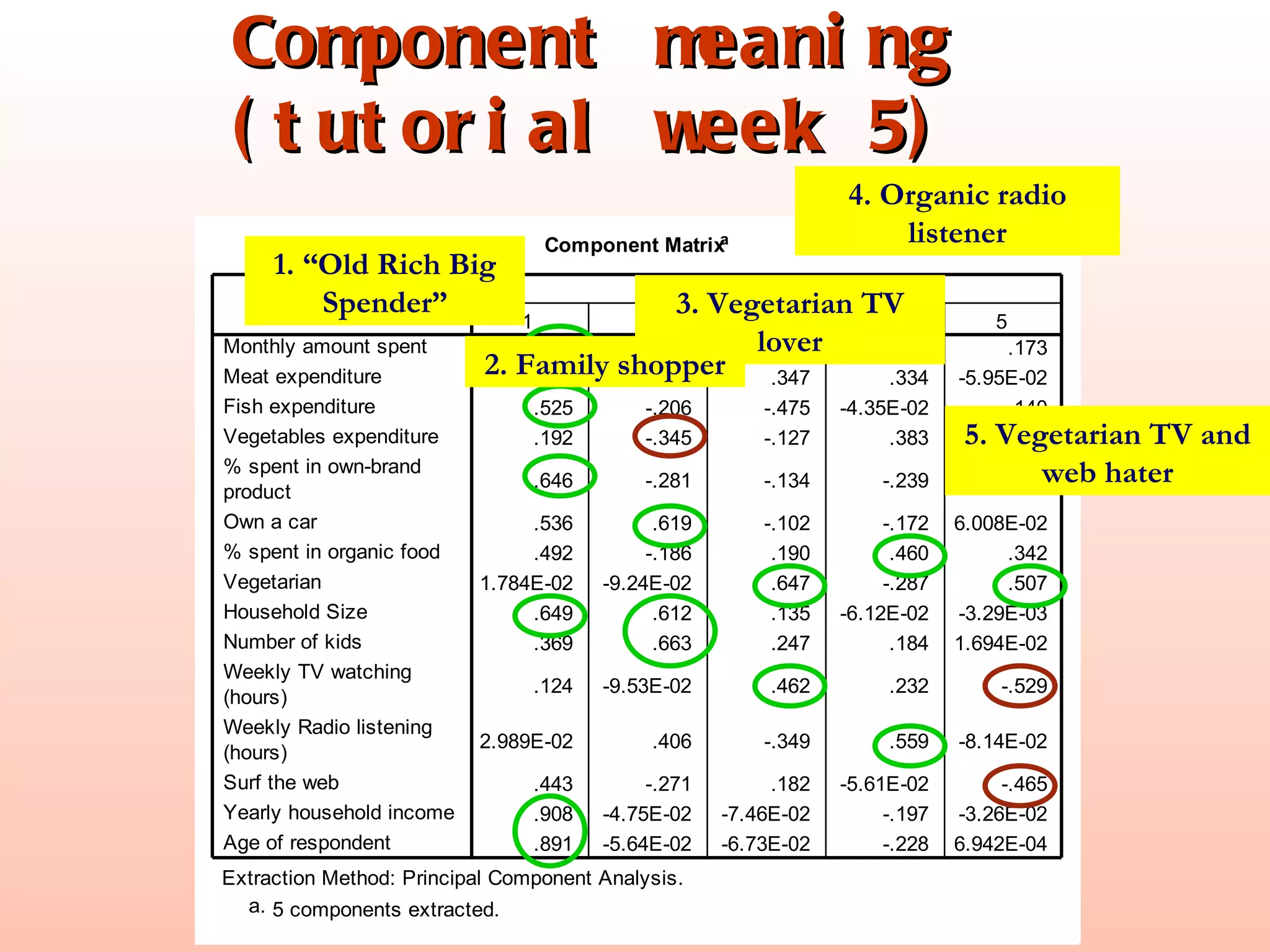Component meaning (tutorial week 5) 1. “Old Rich Big Spender” 3. Vegetarian TV lover 4. Organic radio listener 2. Family shopper 5. Vegetarian TV and web hater 