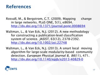 References
Rosvall, M., & Bergstrom, C.T. (2009). Mapping change
in large networks. PLoS ONE, 5(1), e8694.
http://dx.doi.o...