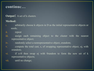 Output: A set of k clusters.
Method:
i. arbitrarily choose k objects in D as the initial representative objects or
seeds;
ii. repeat
iii. assign each remaining object to the cluster with the nearest
representative object;
iv. randomly select a nonrepresentative object, ᴏrandom;
v. compute the total cast, s, of swapping representative object, ᴏj, with
ᴏrandom;
vi. if s0 then swap oj with 0random to form the new set of k
representative objects;
vii. until no change;
 