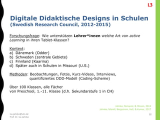 isa.jahnke@utn.de
Prof. Dr. Isa Jahnke
Digitale Didaktische Designs in Schulen
(Swedish Research Council, 2012-2015)
10
Forschungsfrage: Wie unterstützen Lehrer*innen welche Art von active
Learning in ihren Tablet-Klassen?
Kontext:
a) Dänemark (Odder)
b) Schweden (zentrale Gebiete)
c) Finnland (Kaarina)
d) Später auch in Schulen in Missouri (U.S.)
Methoden: Beobachtungen, Fotos, Kurz-Videos, Interviews,
quantifiziertes DDD-Modell (Coding-Scheme)
Über 100 Klassen, alle Fächer
von Preschool, 1.-11. Klasse (d.h. Sekundarstufe 1 in CH)
Jahnke, Norqvist, & Olsson, 2014
Jahnke, Marell, Bergstrom, Hall, & Kumar, 2017
L3
 