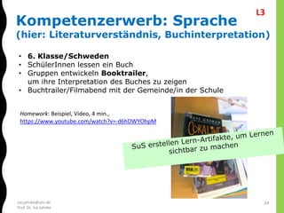 isa.jahnke@utn.de
Prof. Dr. Isa Jahnke
• 6. Klasse/Schweden
• SchülerInnen lessen ein Buch
• Gruppen entwickeln Booktrailer,
um ihre Interpretation des Buches zu zeigen
• Buchtrailer/Filmabend mit der Gemeinde/in der Schule
Homework: Beispiel, Video, 4 min.,
https://www.youtube.com/watch?v=-d6hDWYOhpM
Kompetenzerwerb: Sprache
(hier: Literaturverständnis, Buchinterpretation)
24
L3
 