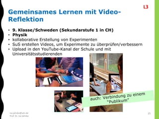 isa.jahnke@utn.de
Prof. Dr. Isa Jahnke
• 9. Klasse/Schweden (Sekundarstufe 1 in CH)
• Physik
• kollaborative Erstellung von Experimenten
• SuS erstellen Videos, um Experimente zu überprüfen/verbessern
• Upload in den YouTube-Kanal der Schule und mit
Universitätsstudierenden
Gemeinsames Lernen mit Video-
Reflektion
25
L3
 