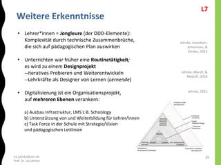 isa.jahnke@utn.de
Prof. Dr. Isa Jahnke
Weitere Erkenntnisse
26
• Lehrer*innen = Jongleure (der DDD-Elemente):
Komplexität durch technische Zusammenbrüche,
die sich auf pädagogischen Plan auswirken
• Unterrichten war früher eine Routinetätigkeit;
es wird zu einem Designprojekt
--iteratives Probieren und Weiterentwickeln
--Lehrkräfte als Designer von Lernen (Lernende)
• Digitalisierung ist ein Organisationsprojekt,
auf mehreren Ebenen verankern:
a) Ausbau Infrastruktur, LMS z.B. Schoology
b) Unterstützung von und Weiterbildung für Lehrer/innen
c) Task Force in der Schule mit Strategie/Vision
und pädagogischen Leitlinien
Jahnke, Svendsen,
Johannsen, &
Zander, 2014
Jahnke, Marell, &
Mejtoft, 2016
Jahnke, 2015
L7
 