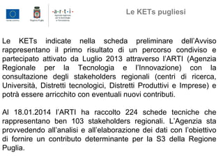 Le KETs indicate nella scheda preliminare dell’Avviso
rappresentano il primo risultato di un percorso condiviso e
partecipato attivato da Luglio 2013 attraverso l’ARTI (Agenzia
Regionale per la Tecnologia e l’Innovazione) con la
consultazione degli stakeholders regionali (centri di ricerca,
Università, Distretti tecnologici, Distretti Produttivi e Imprese) e
potrà essere arricchito con eventuali nuovi contributi.
Al 18.01.2014 l’ARTI ha raccolto 224 schede tecniche che
rappresentano ben 103 stakeholders regionali. L’Agenzia sta
provvedendo all’analisi e all’elaborazione dei dati con l’obiettivo
di fornire un contributo determinante per la S3 della Regione
Puglia.
Le KETs pugliesi
 