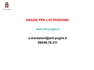GRAZIE PER L’ATTENZIONE!
www.arti.puglia.it
s.marastoni@arti.puglia.it
080/46.70.211
 