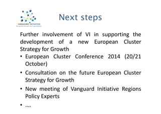 Next steps 
Further involvement of VI in supporting the 
development of a new European Cluster 
Strategy for Growth 
• European Cluster CCoonnffeerreennccee 22001144 ((2200//2211 
October) 
• Consultation on the future European Cluster 
Strategy for Growth 
• New meeting of Vanguard Initiative Regions 
Policy Experts 
• …. 
 