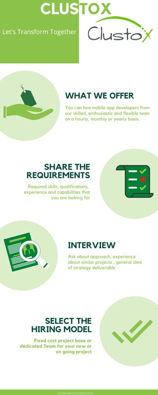 SHARE THE
REQUIREMENTS
Required skills, qualifications,
experience and capabilities that
you are looking for
SELECT THE
HIRING MODEL
Fixed cost project base or
dedicated Team for your new or
on going project
INTERVIEW
Ask about approach, experience
about similar projects , general idea
of strategy deliverable
Let's Transform Together 
WHAT WE OFFER
You can hire mobile app developers from
our skilled, enthusiastic and flexible team
on a hourly, monthly or yearly basis.
CLUSTOX
https://www.clustox.com/
 