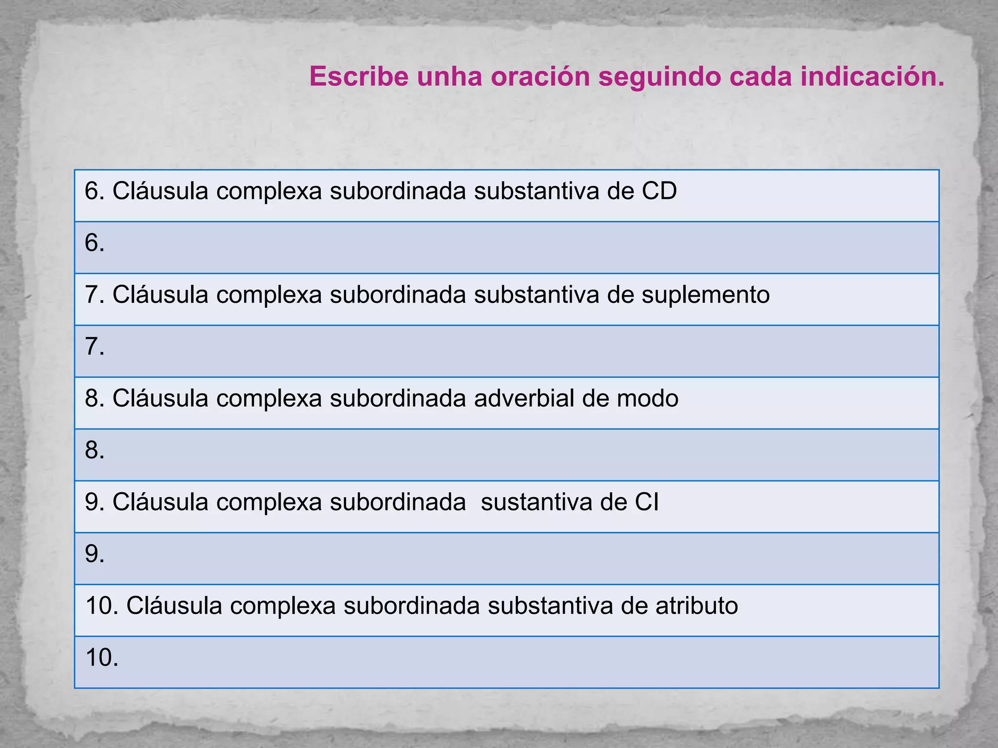 Escribe unha oración seguindo cada indicación.
6. Cláusula complexa subordinada substantiva de CD
6.
7. Cláusula complexa subordinada substantiva de suplemento
7.
8. Cláusula complexa subordinada adverbial de modo
8.
9. Cláusula complexa subordinada sustantiva de CI
9.
10. Cláusula complexa subordinada substantiva de atributo
10.
 