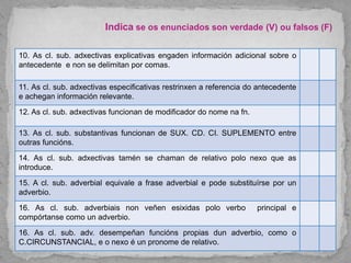 10. As cl. sub. adxectivas explicativas engaden información adicional sobre o
antecedente e non se delimitan por comas.
11. As cl. sub. adxectivas especificativas restrinxen a referencia do antecedente
e achegan información relevante.
12. As cl. sub. adxectivas funcionan de modificador do nome na fn.
13. As cl. sub. substantivas funcionan de SUX. CD. CI. SUPLEMENTO entre
outras funcións.
14. As cl. sub. adxectivas tamén se chaman de relativo polo nexo que as
introduce.
15. A cl. sub. adverbial equivale a frase adverbial e pode substituírse por un
adverbio.
16. As cl. sub. adverbiais non veñen esixidas polo verbo principal e
compórtanse como un adverbio.
16. As cl. sub. adv. desempeñan funcións propias dun adverbio, como o
C.CIRCUNSTANCIAL, e o nexo é un pronome de relativo.
Indica se os enunciados son verdade (V) ou falsos (F)
 