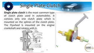 10
Single Plate Clutch
Single plate clutch is the most common type
of clutch plate used in automobiles. It
consists only one clutch plate which is
mounted on the splines of the clutch plate.
The Flywheel is mounted on the engine
crankshaft and rotates with it.
 